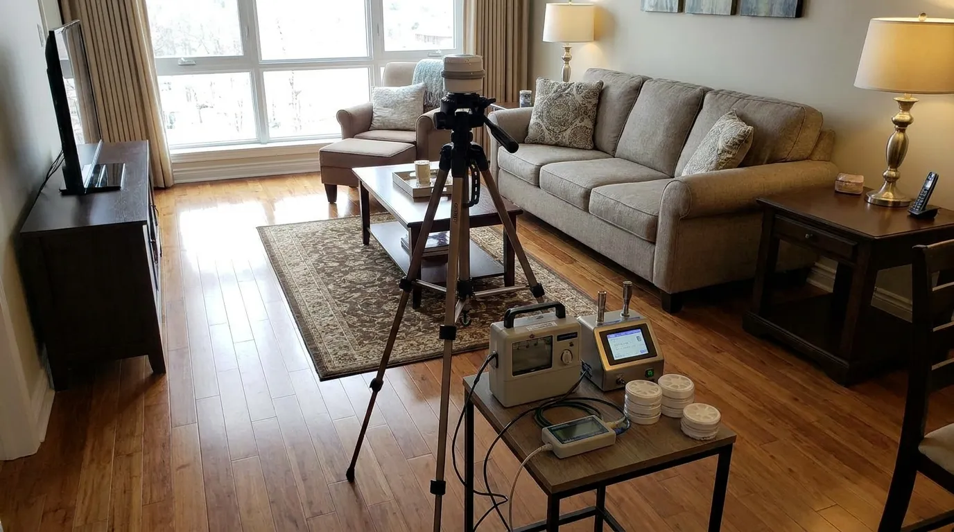 Indoor air quality testing equipment in a residential home after restoration