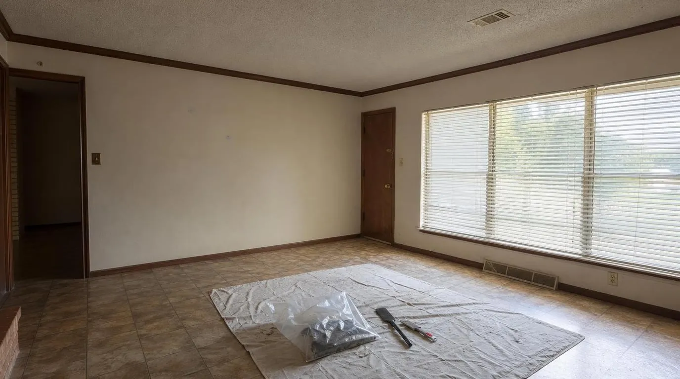 Technician collecting a ceiling texture sample in a 1960s Dallas ranch home
