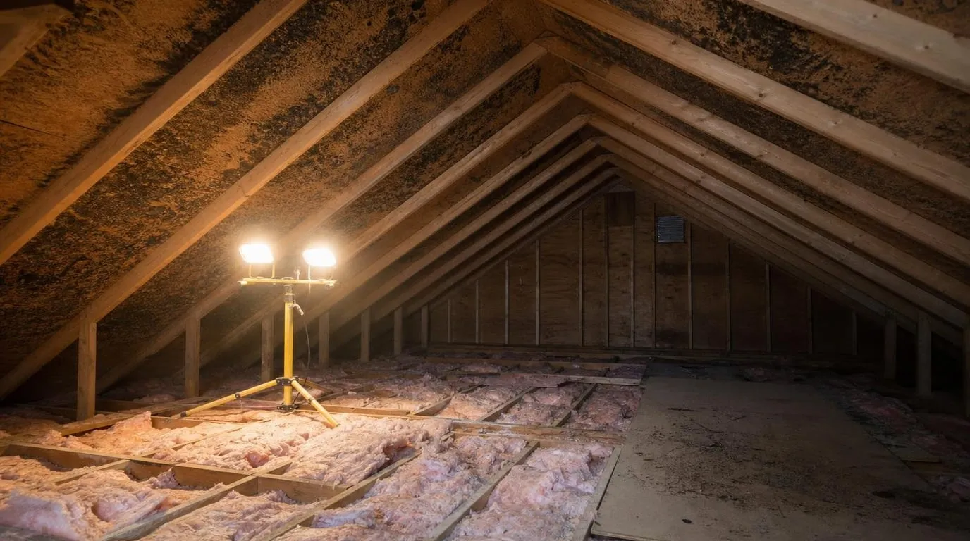 Attic roof sheathing with dark mold staining being inspected by a technician with a work light