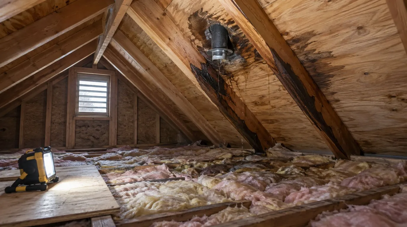 Damp attic plywood around a roof penetration, water-marked rafters and flattened wet insulation, gable daylight