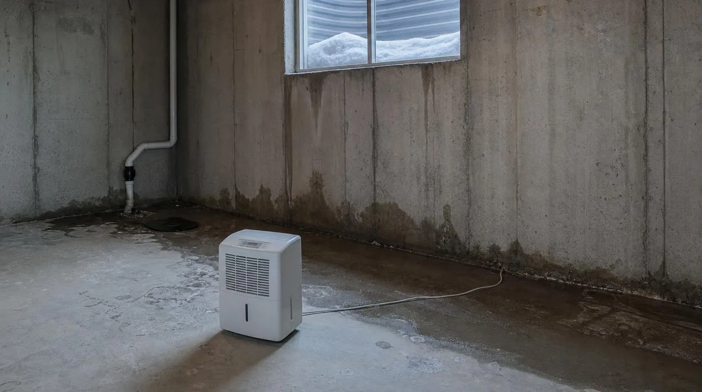 Salt Lake City basement with snowmelt seepage and snow visible outside the window well