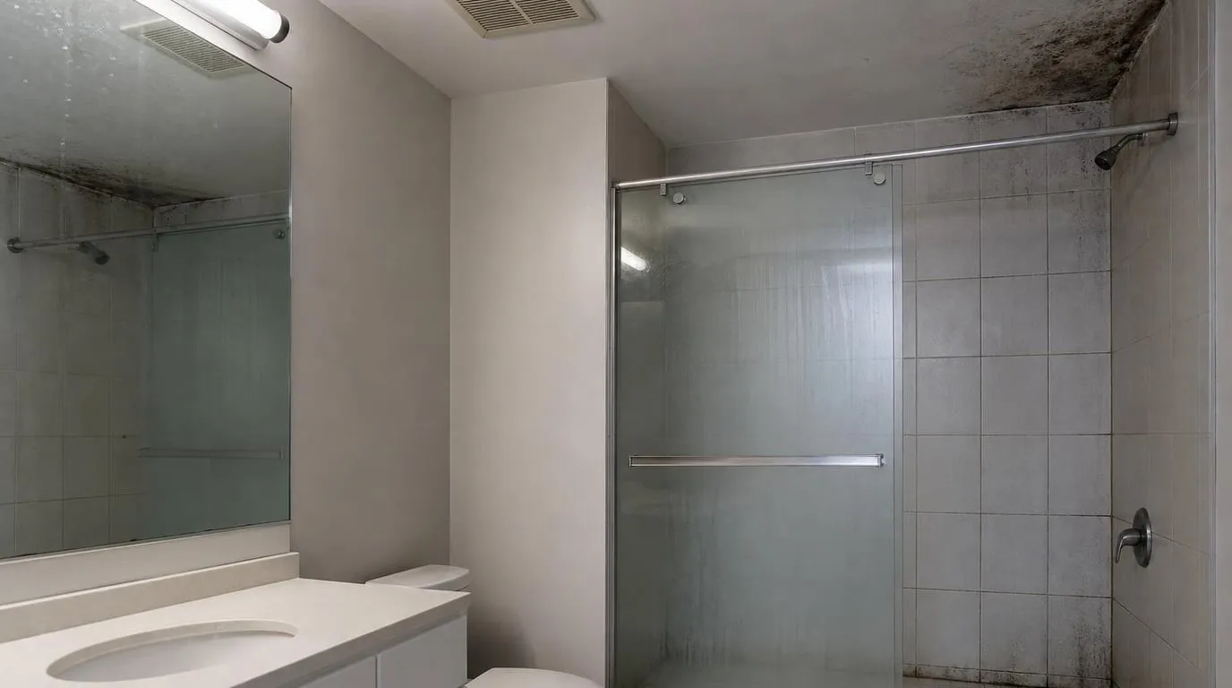Bathroom with mold in grout lines and ceiling corner above the shower