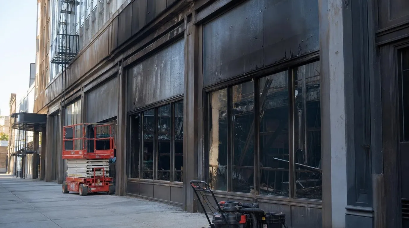 Commercial storefront after a fire with restoration crew and lift staging equipment