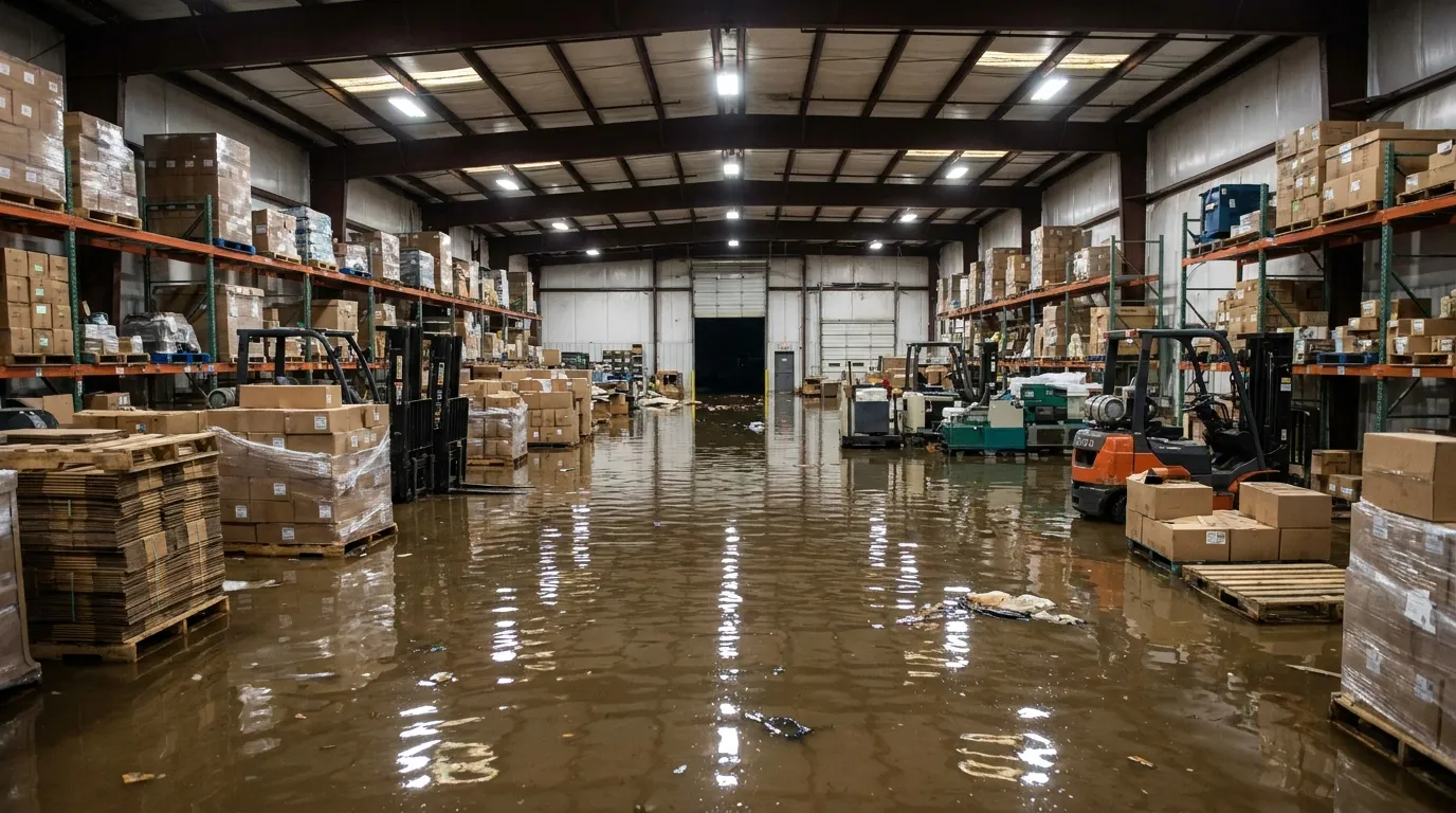 Commercial water damage in a retail or office space with extraction equipment