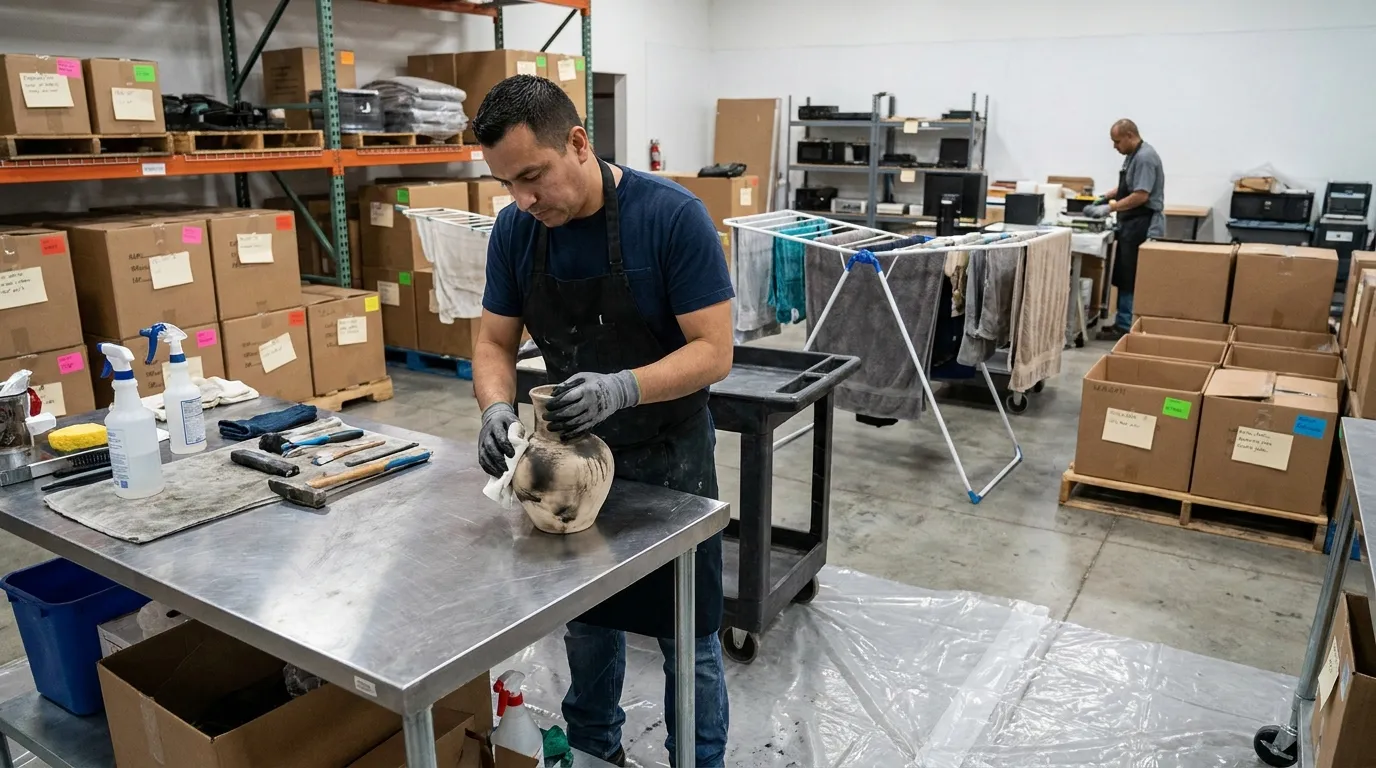 Restoration crew cleaning and inventorying household contents after damage