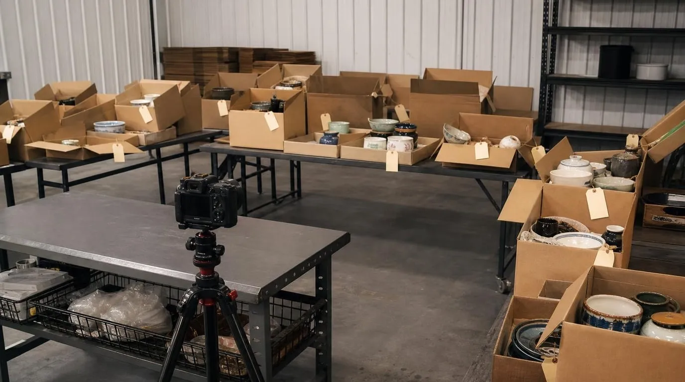 Technician photographing and tagging household items into labeled boxes during a pack-out