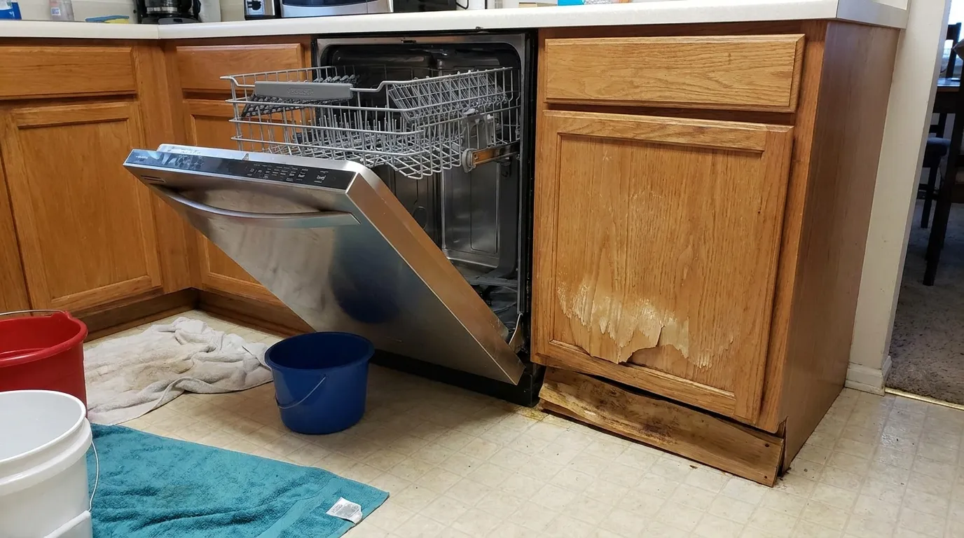 Kitchen with dishwasher pulled out revealing water-damaged cabinet base and flooring