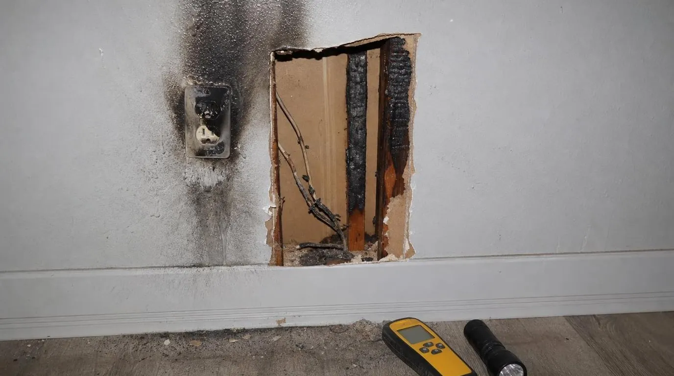 Scorched outlet with wall cavity opened for inspection by electrician and restoration technician
