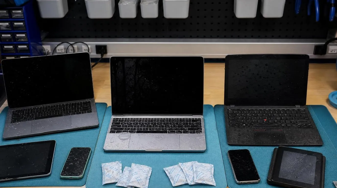 Workbench with water-affected electronics being assessed for restoration