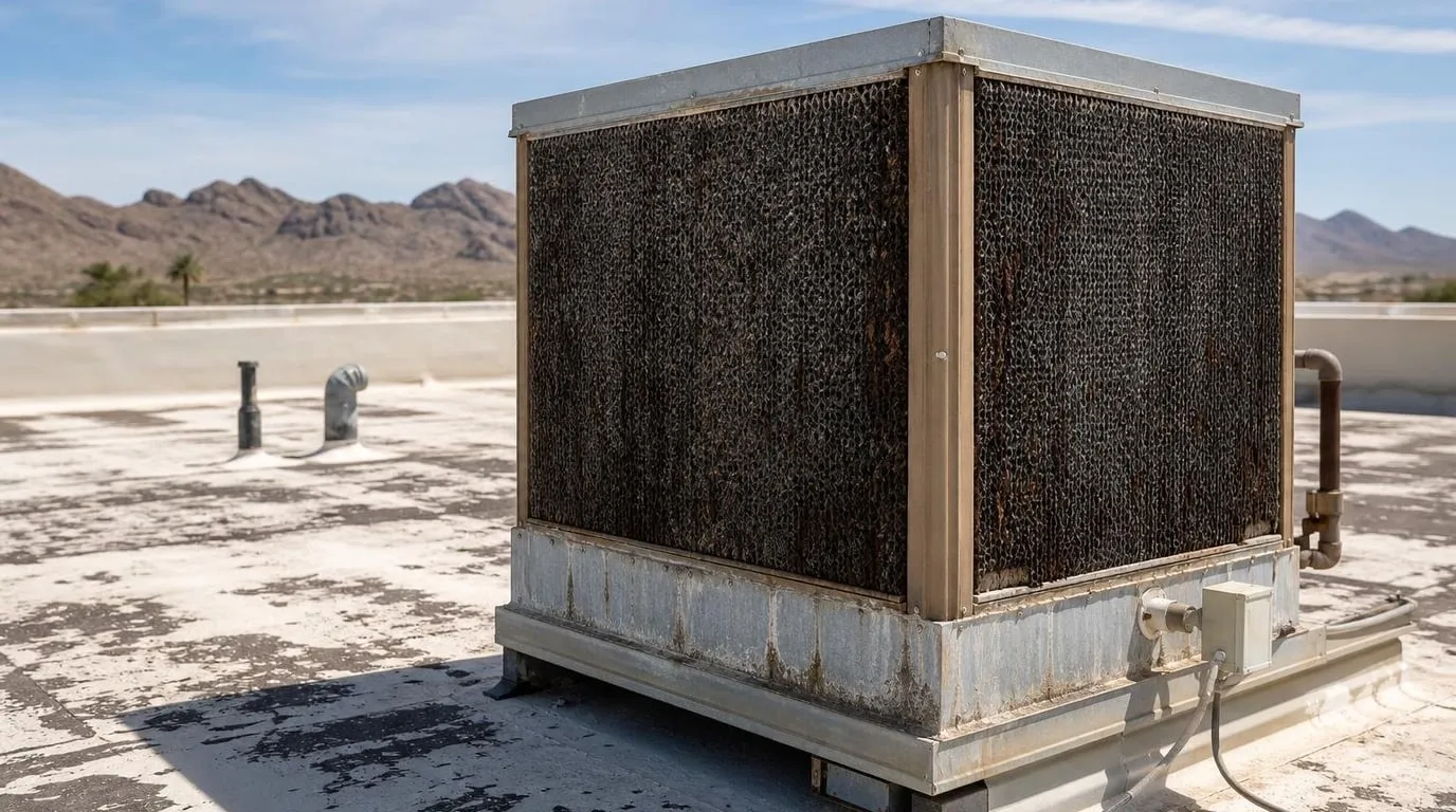 Rooftop evaporative cooler with mineral scale and biological growth on cooling pads