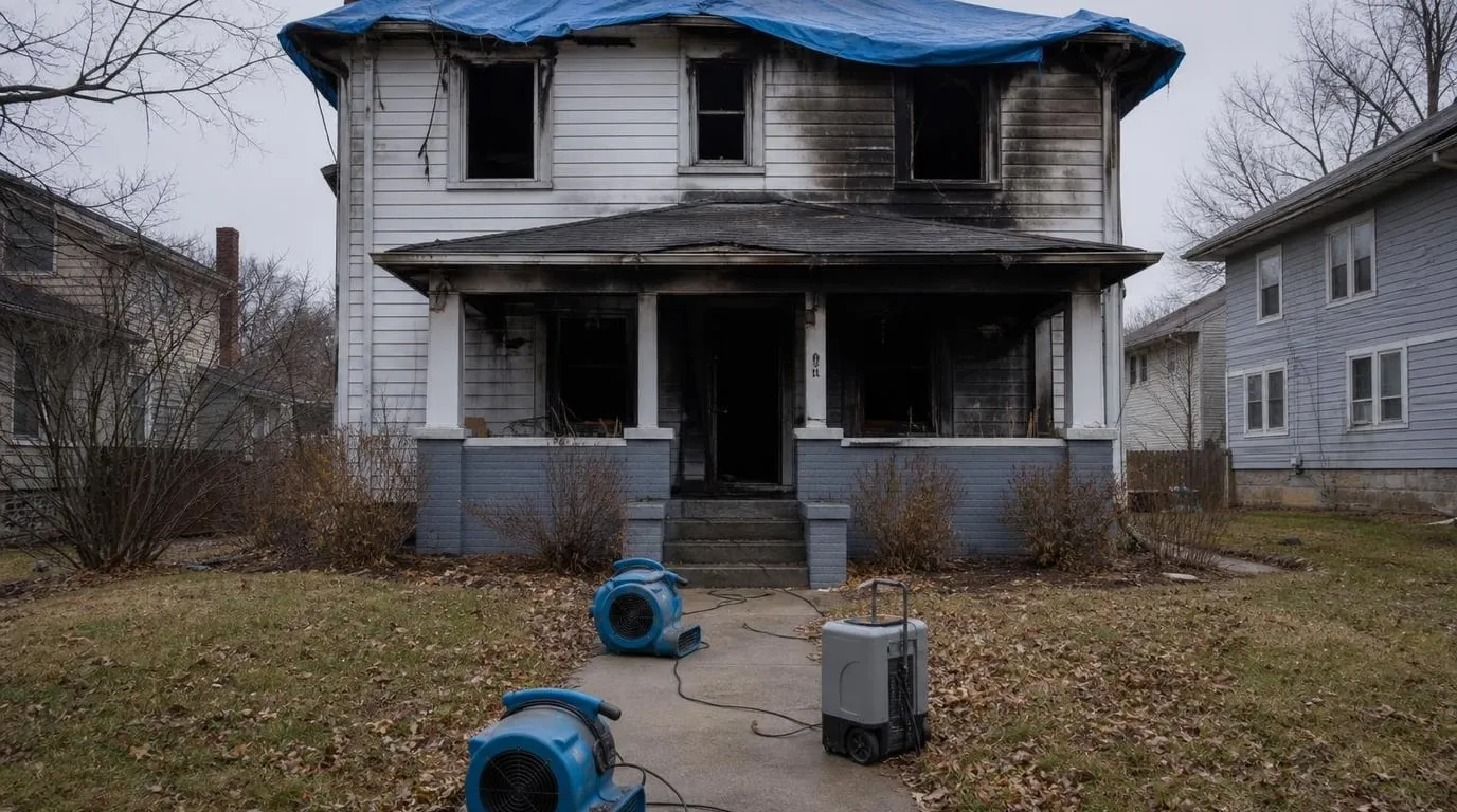 Kansas City two-story home after a fire with tarped roof and restoration crew staging equipment