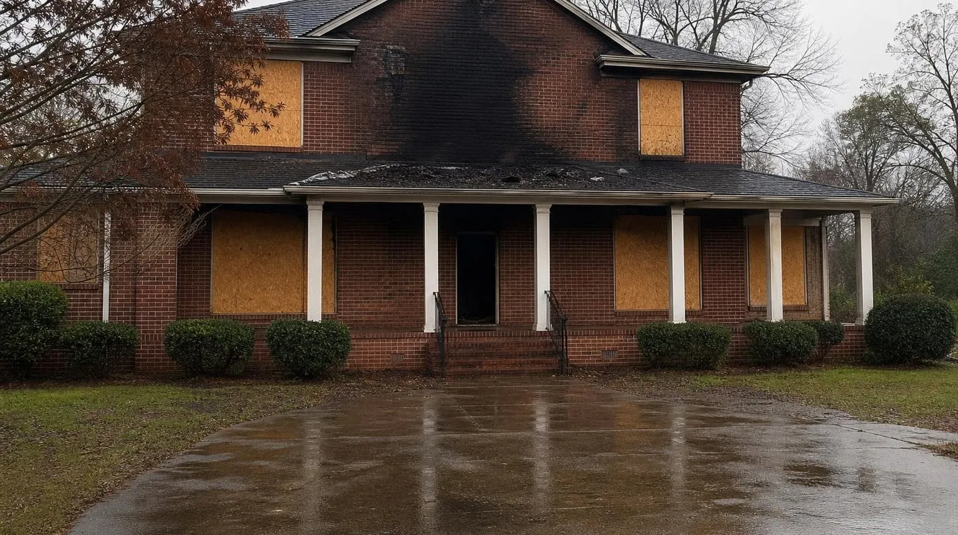 Nashville brick home after a fire with board-up in progress under an overcast sky
