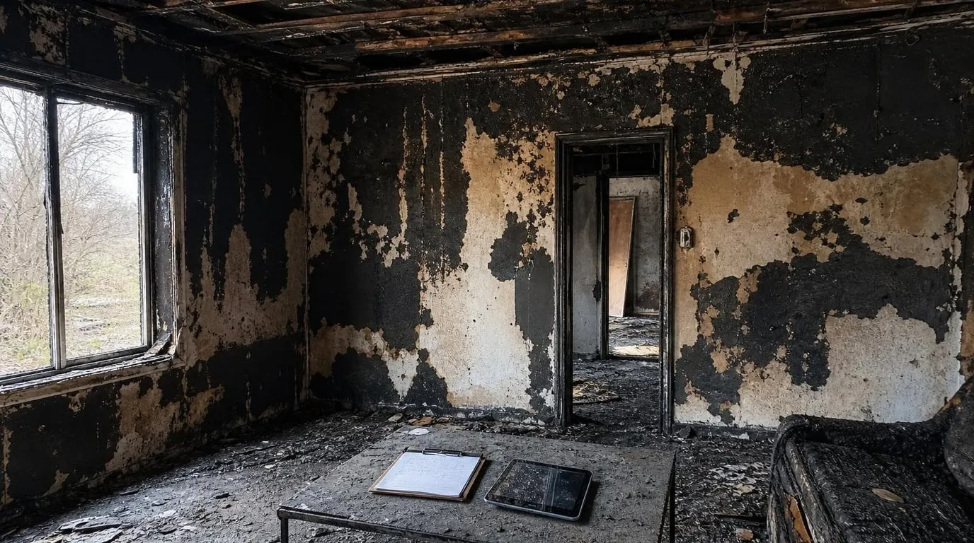 Estimator assessing a fire-damaged living room with charred wall sections