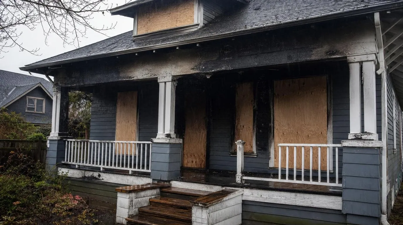 Seattle craftsman home after a fire with crew protecting openings in light rain