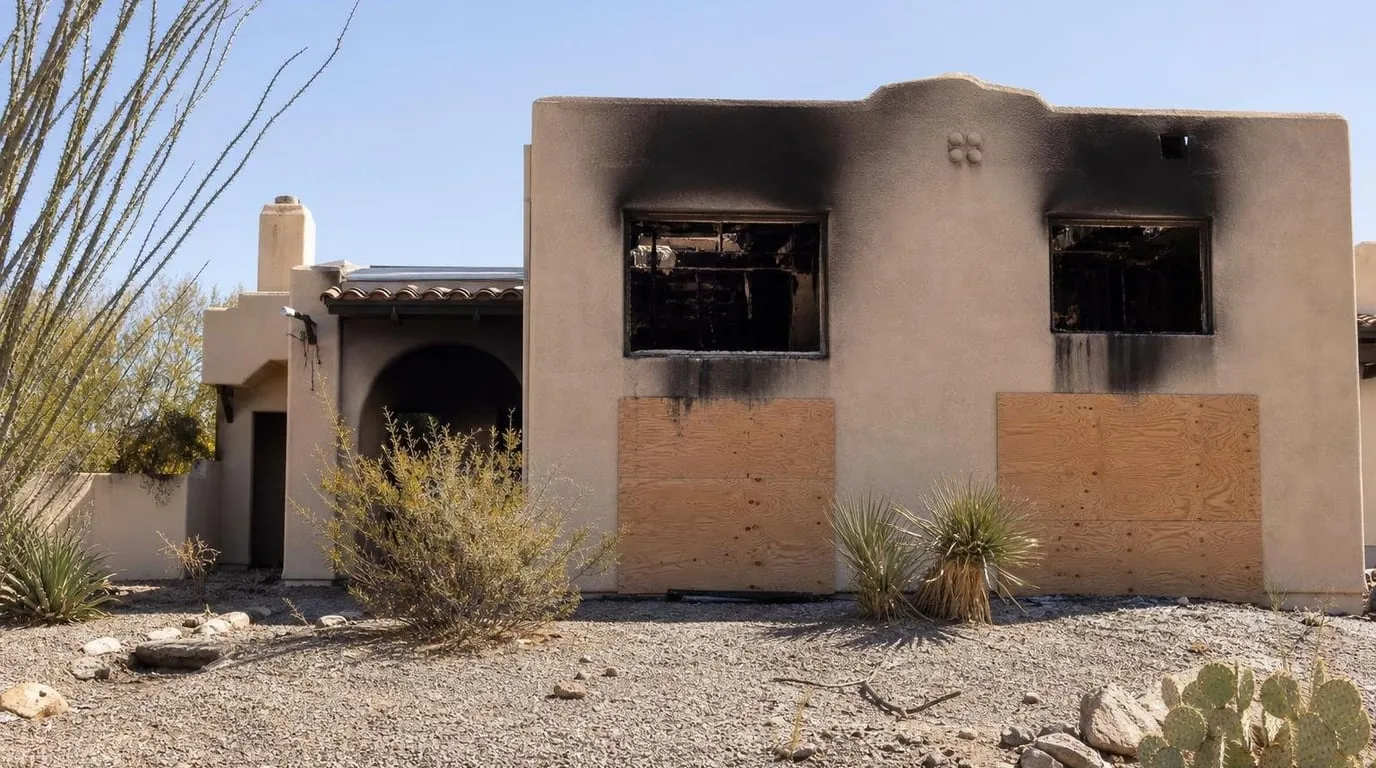 Tucson adobe-style home with smoke staining above windows after a fire