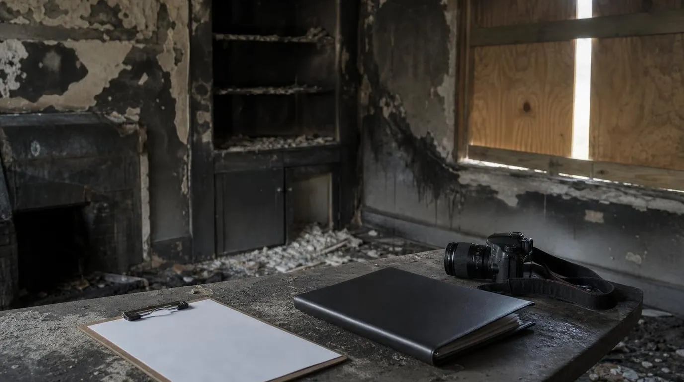 Adjuster and homeowner walking a fire-damaged room with a clipboard