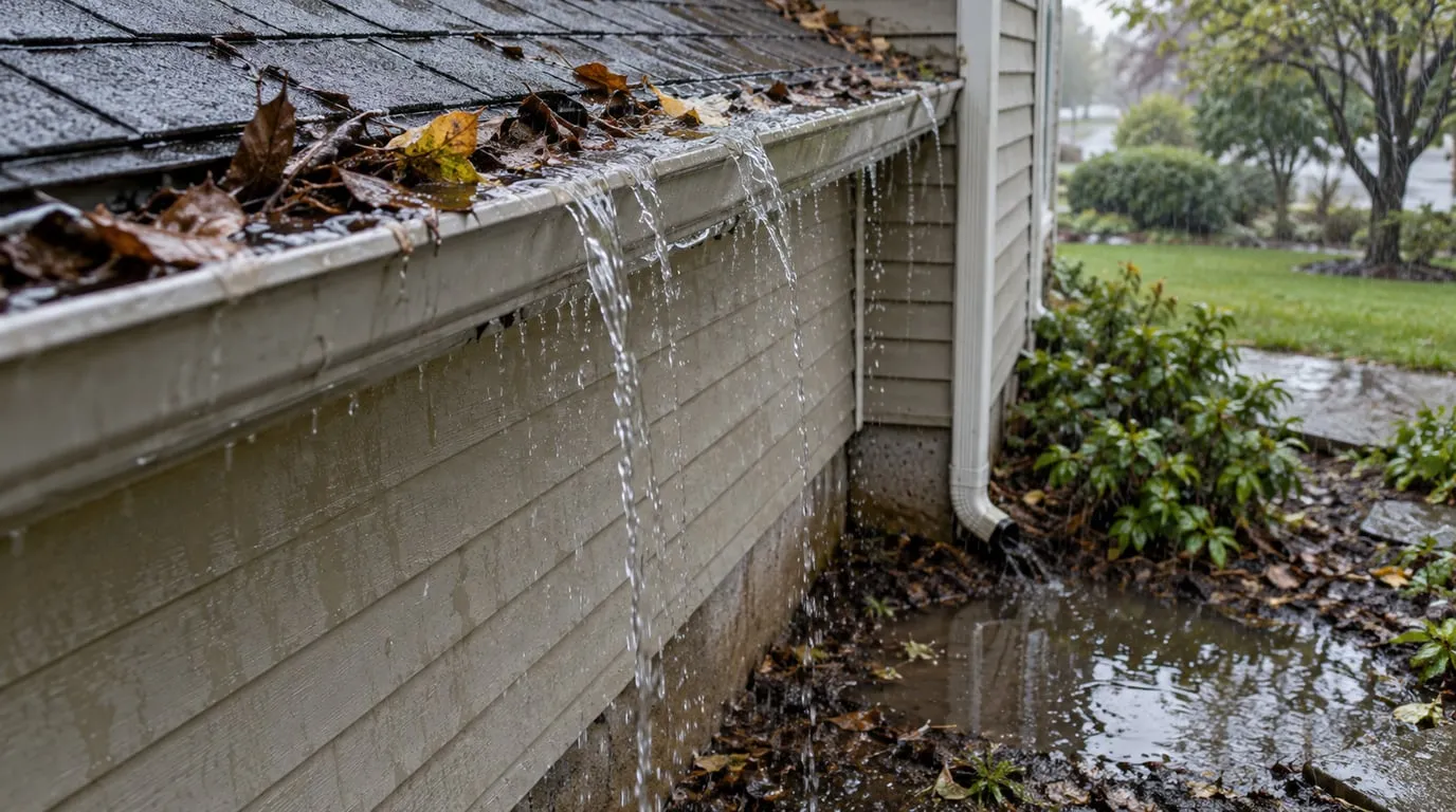 Rain overflowing a leaf-filled gutter above wet siding and a puddle beside a residential foundation