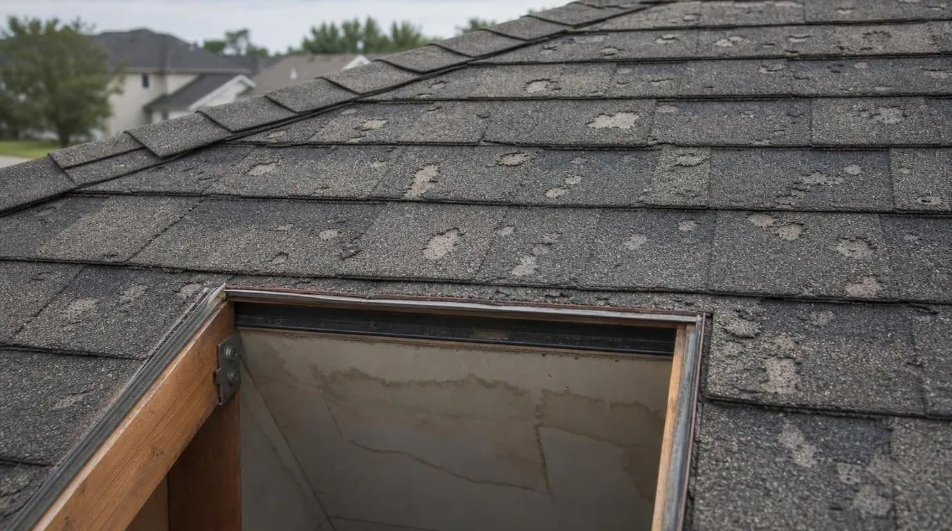 Close-up of hail-bruised shingles during a roof inspection
