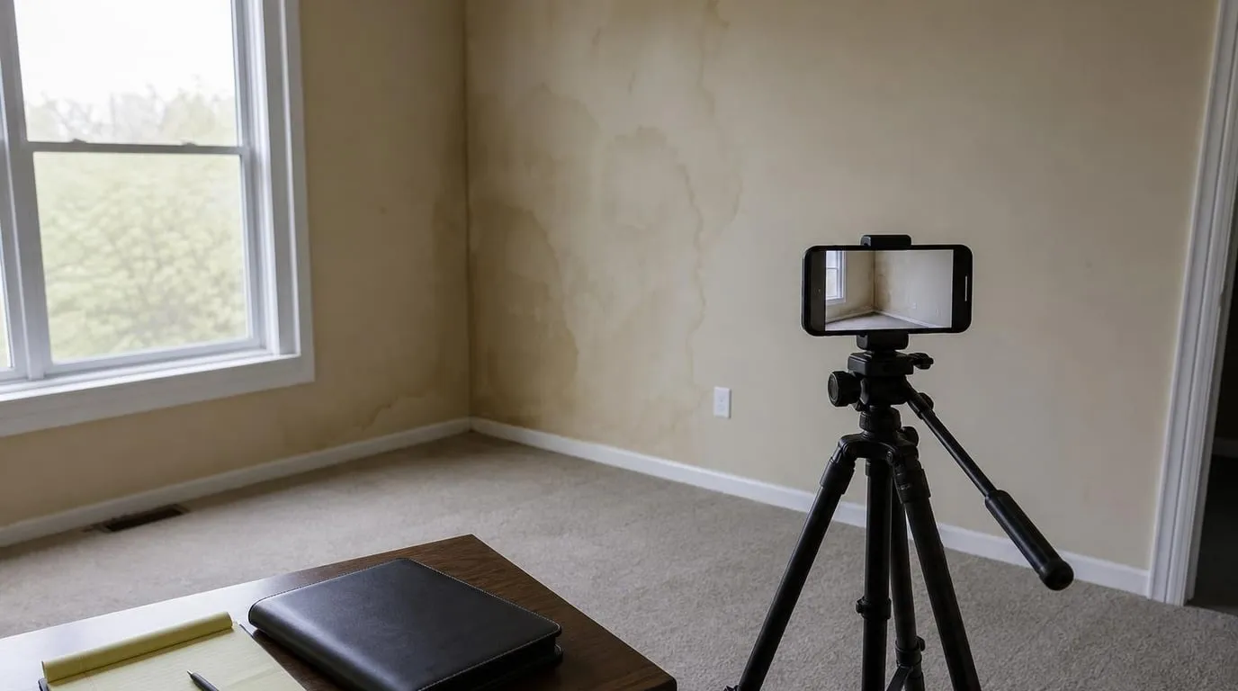 Homeowner photographing water damage with a phone while on a call with their insurer