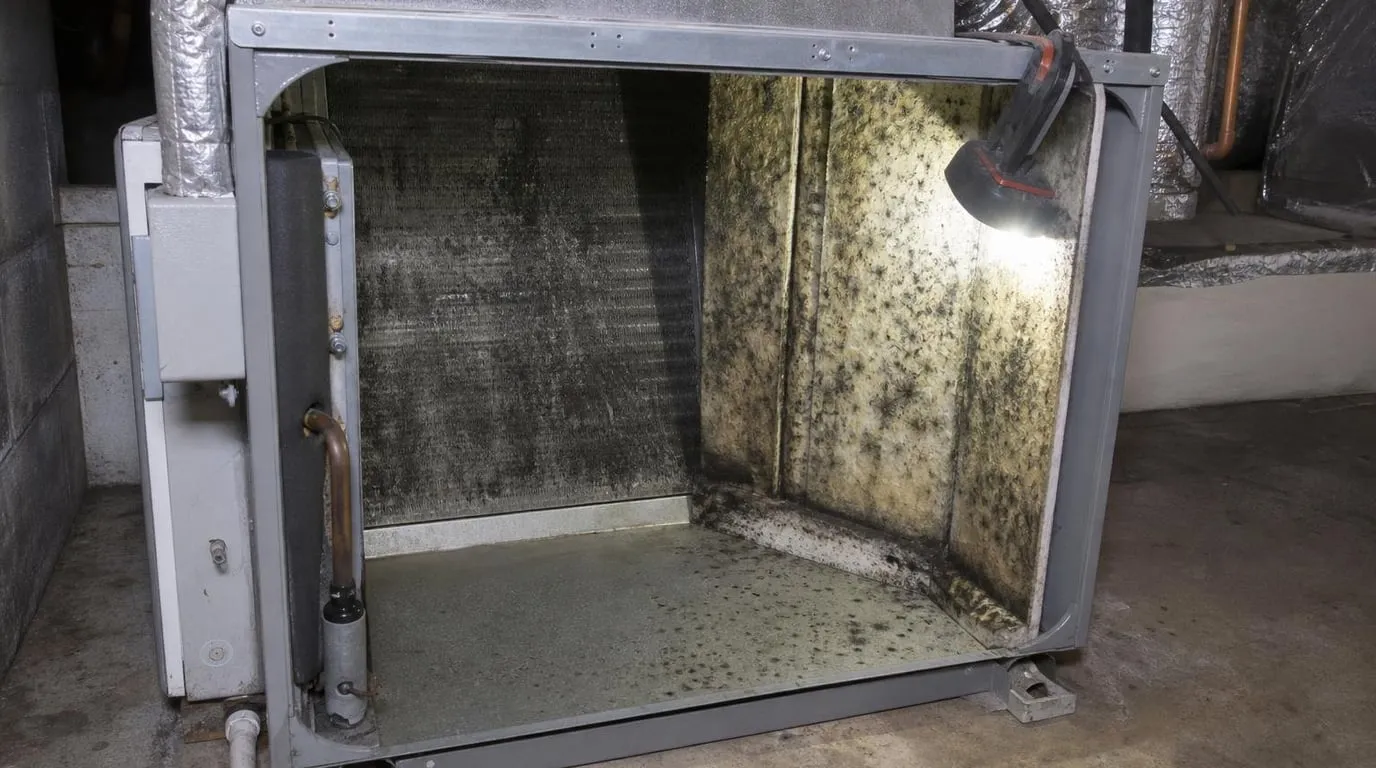 Open air handler showing growth on the coil and insulation liner during inspection