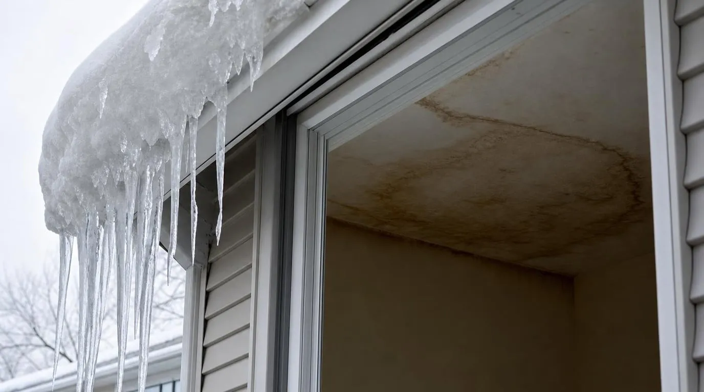 Roof eave with a thick ice dam and icicles, with interior ceiling staining below