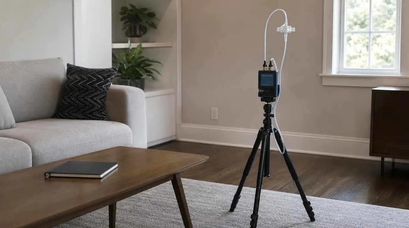 Air sampling pump with cassette on a tripod in a living room during IAQ testing