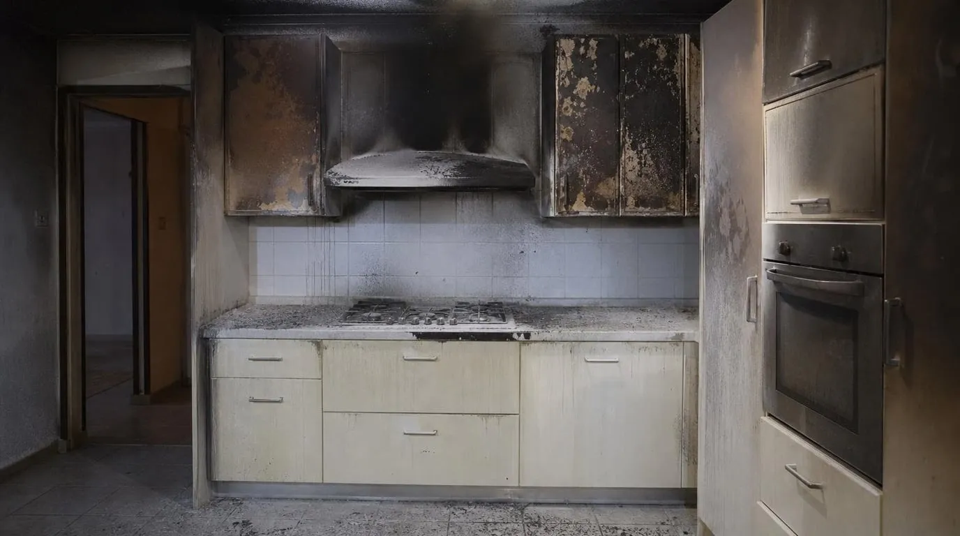 Kitchen after a stovetop grease fire with scorched range hood and cabinets
