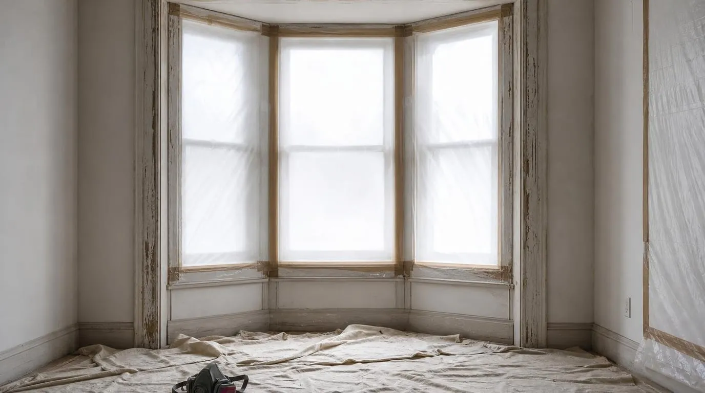 Older home window trim with chipping paint behind containment sheeting during certified work