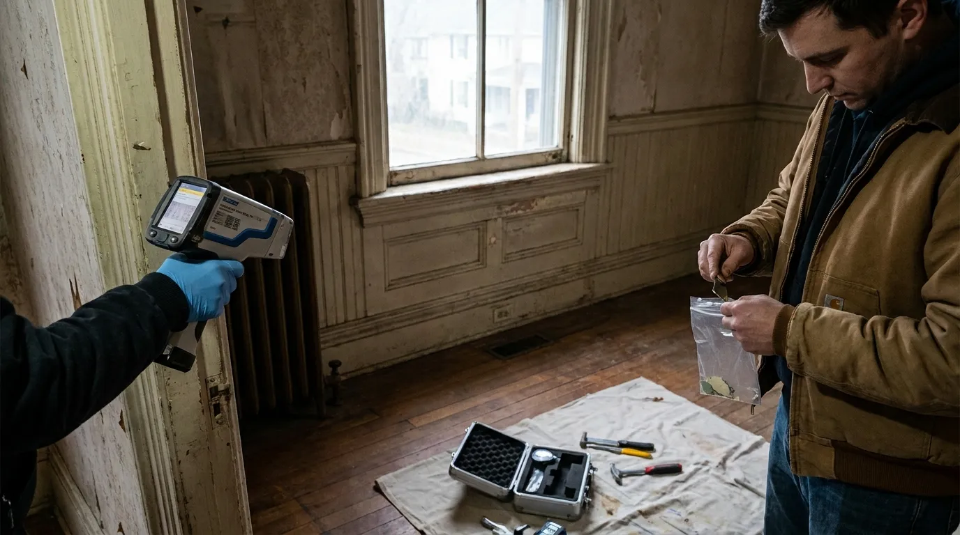 Lead paint testing being performed on trim in an older residential home