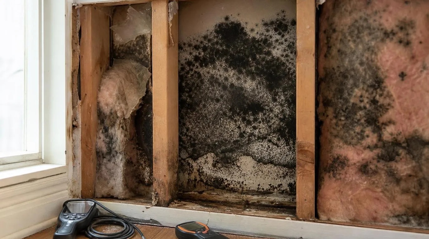 Opened wall cavity revealing mold on the back of drywall with inspection tools nearby