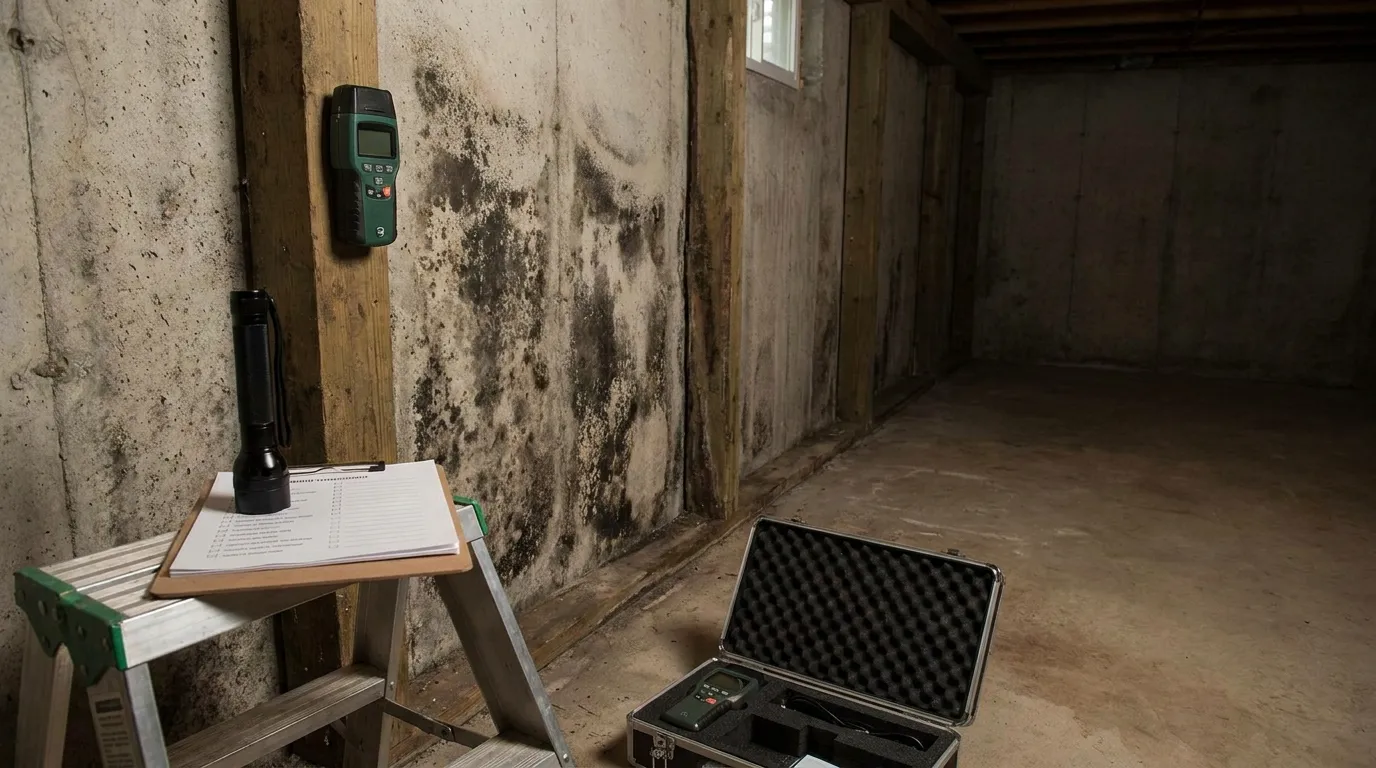Inspector using a thermal camera and moisture meter on a wall during a mold inspection