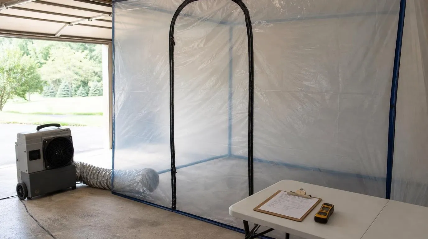 Estimator reviewing mold remediation scope with homeowner outside a containment zone