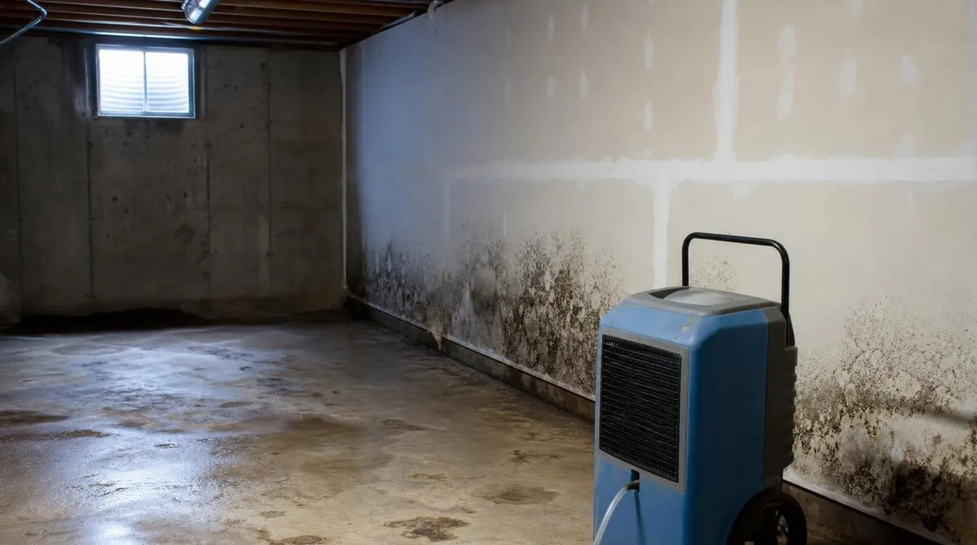 Kansas City basement with mold on drywall near the foundation and a dehumidifier running