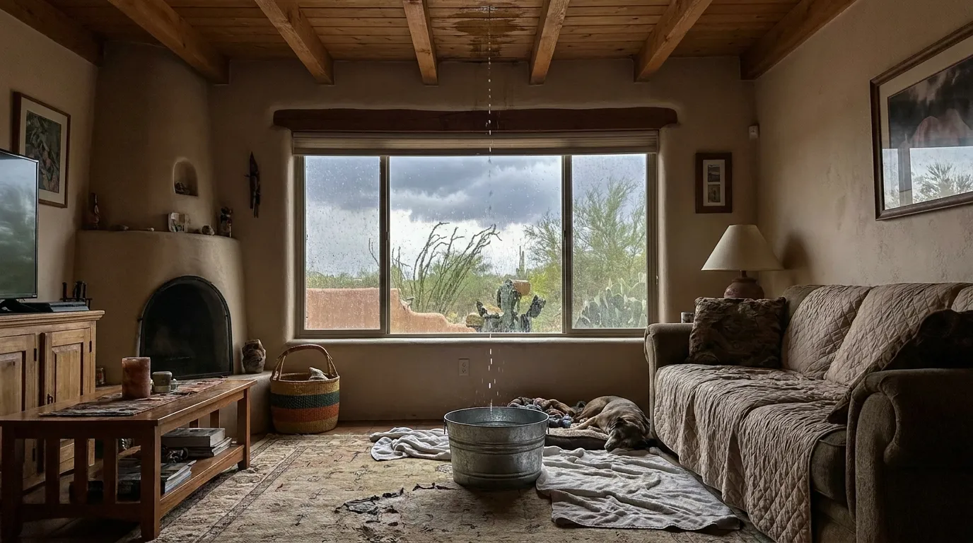 Phoenix home interior with ceiling leak dripping into a bucket during a monsoon storm