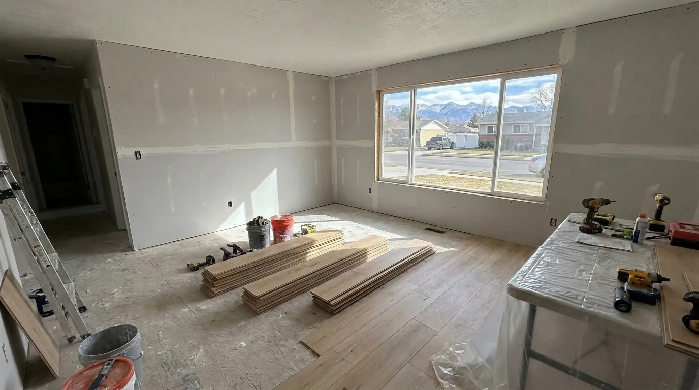 Murray Utah home flood damage rebuild with new drywall and flooring installation