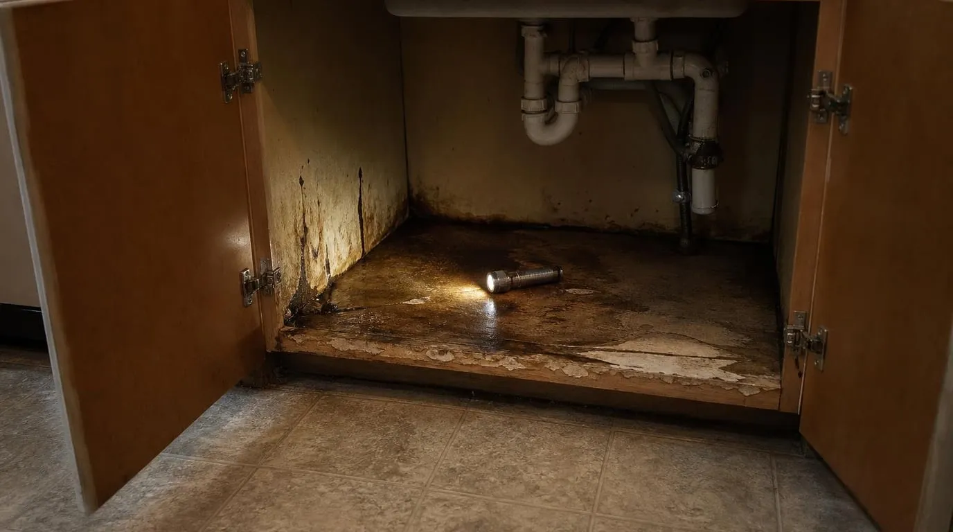 Homeowner inspecting under a sink cabinet with a flashlight for the source of a musty smell