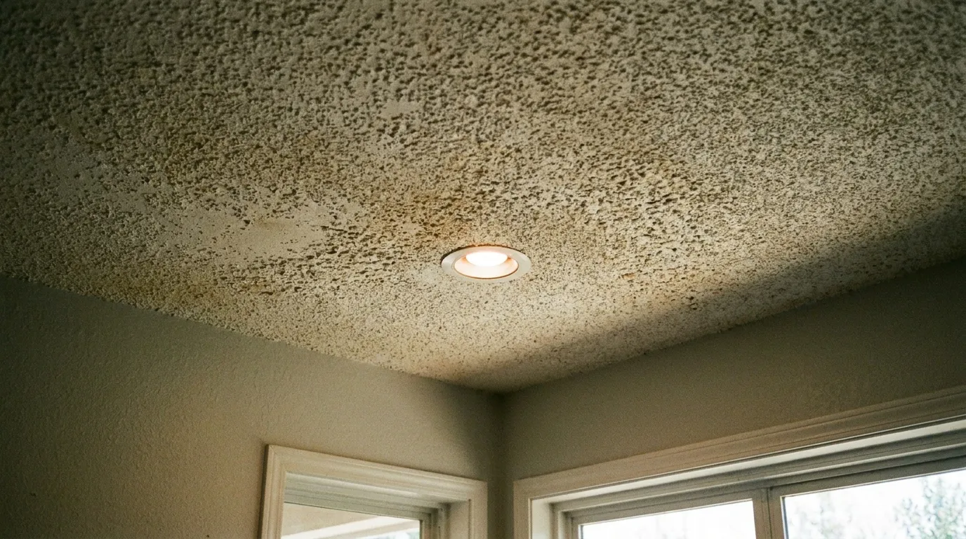 Close-up of popcorn ceiling texture with a wetted sample being carefully collected