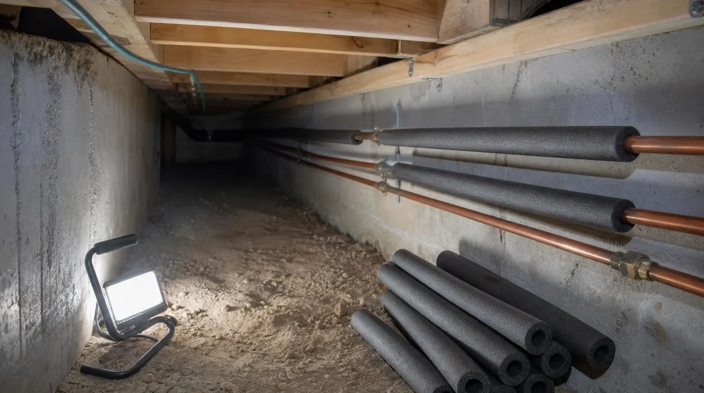 Homeowner fitting foam insulation sleeves onto exposed pipes in a utility area