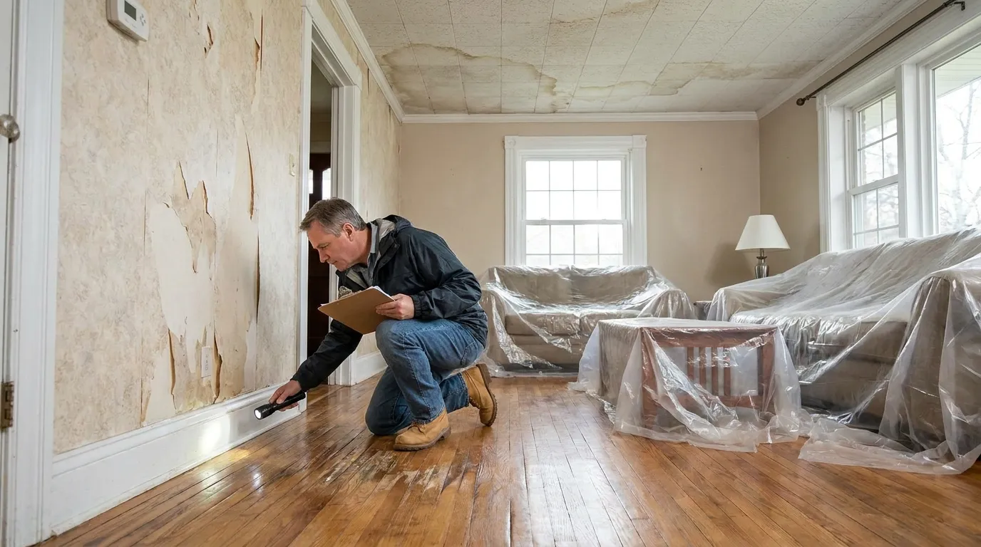 Two professionals reviewing scope documents at a damaged property
