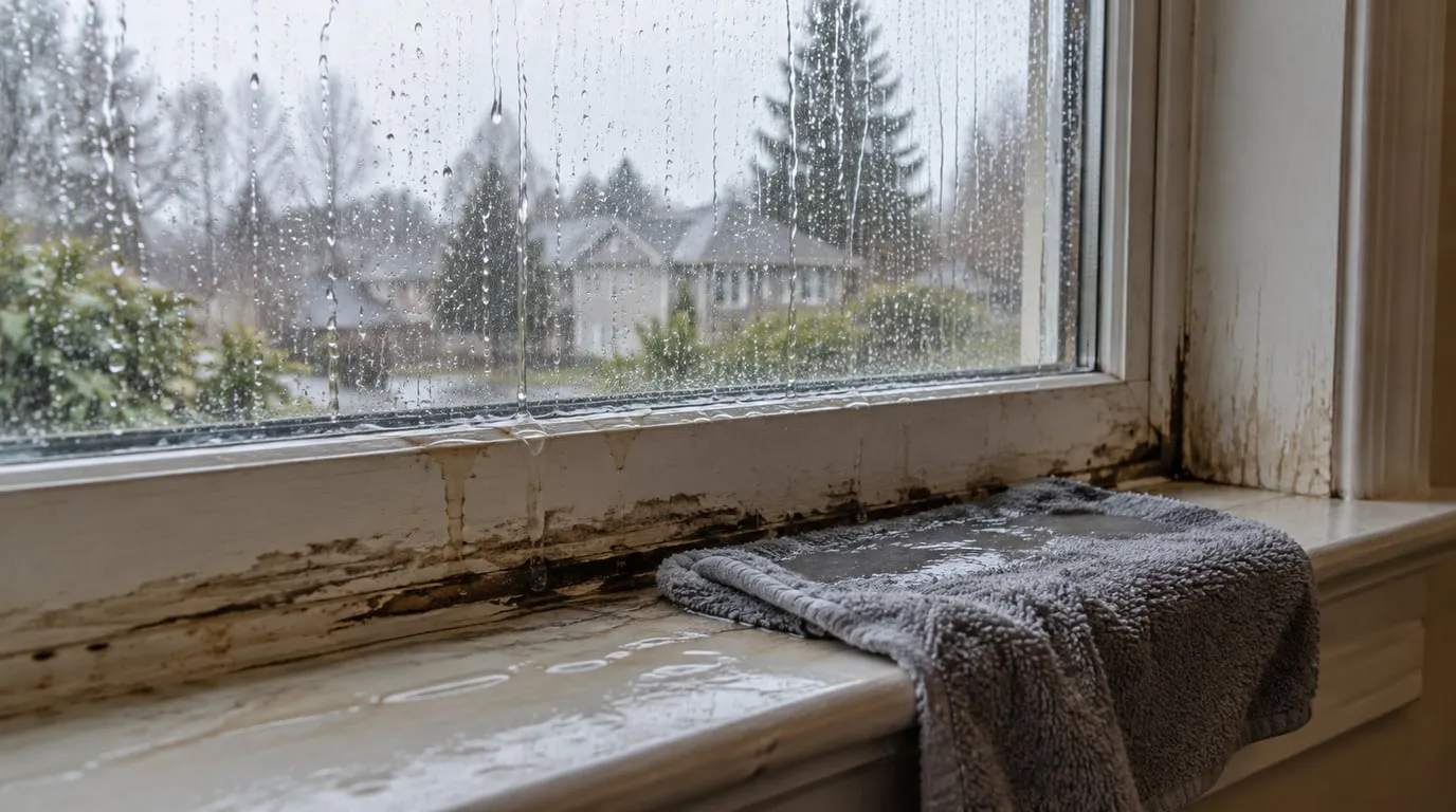 Rain-streaked window with wet interior sill, stained lower trim and a small towel catching droplets