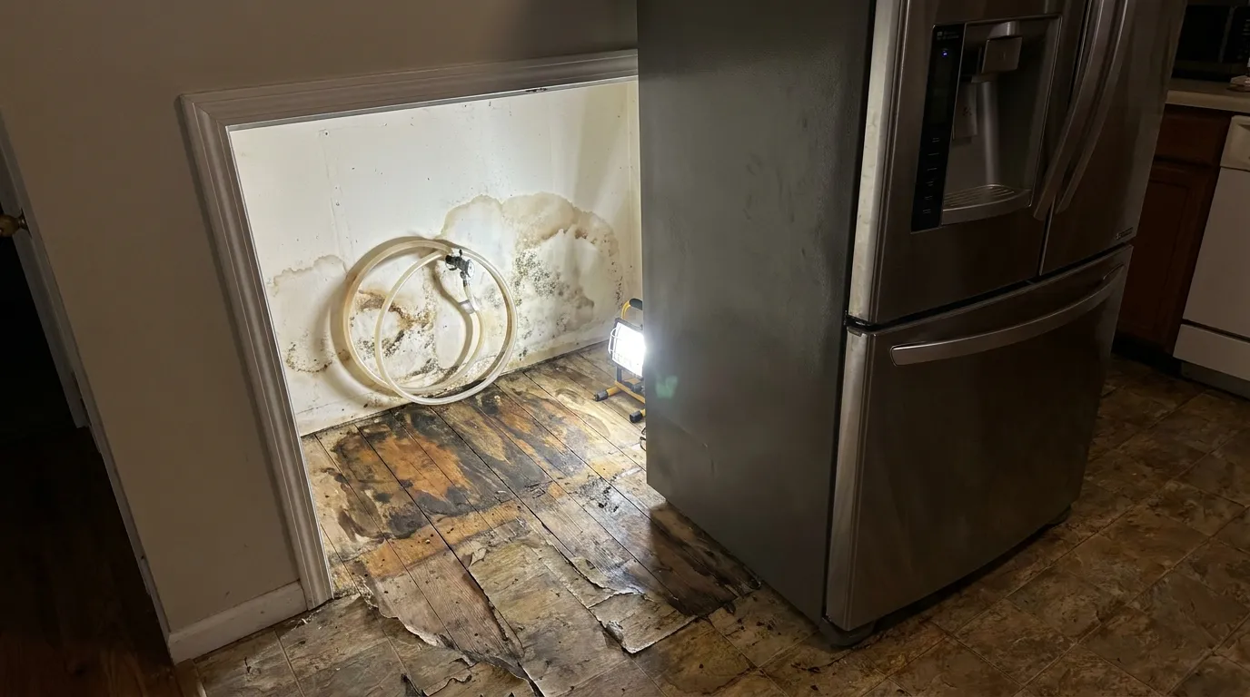Refrigerator pulled away from wall revealing water staining on floor from a leaking water line