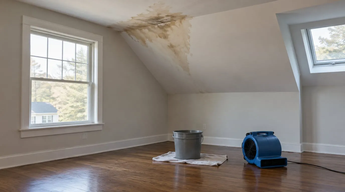 Empty upstairs room with a ceiling stain below roof flashing, a bucket and compact drying equipment