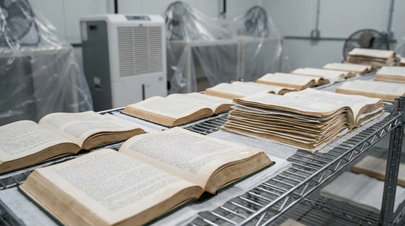 Water-damaged photos and documents laid on drying racks being separated by gloved hands