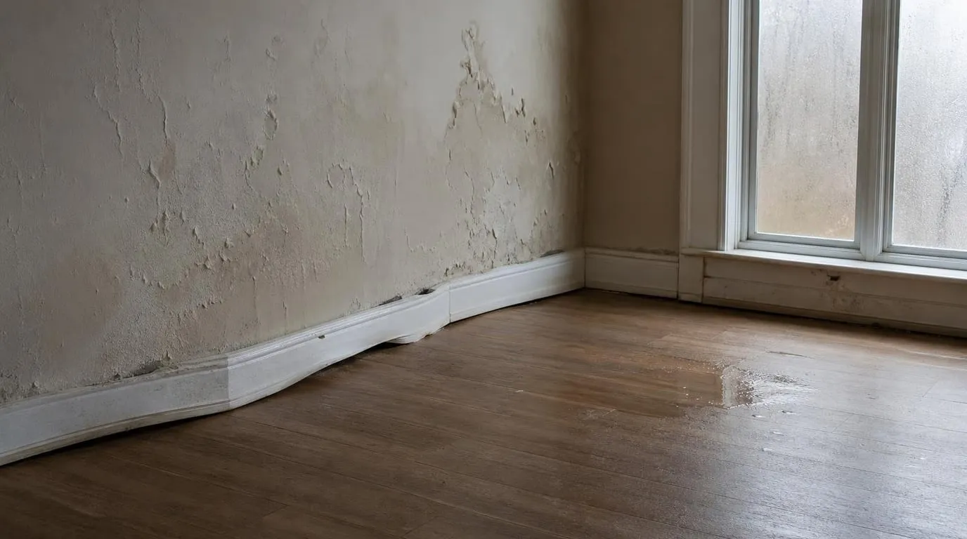 Room with warped baseboards and peeling paint days after a water leak