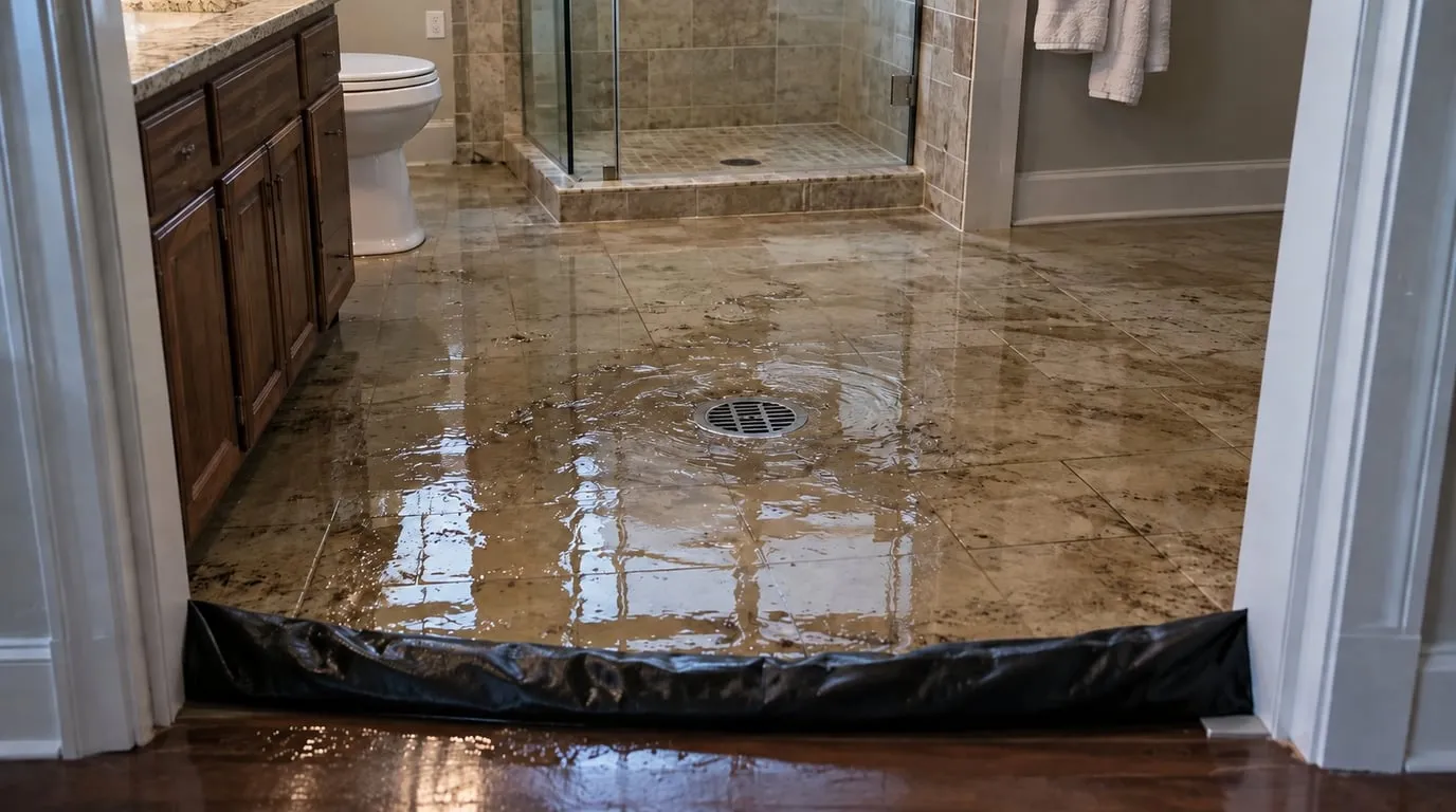 Muddy wastewater around an unobstructed bathroom floor drain with containment across the doorway