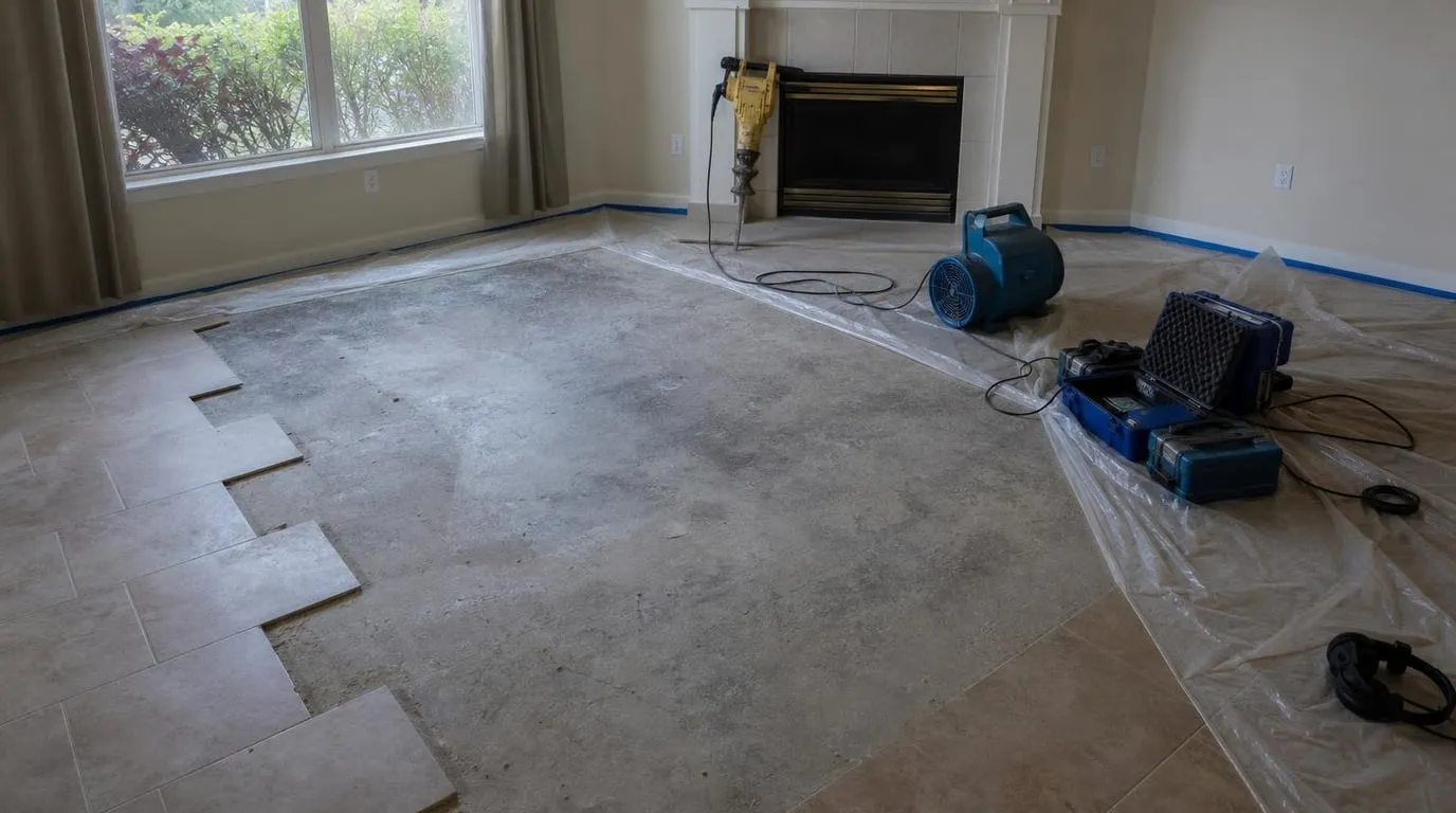 Living room with flooring removed exposing a damp concrete slab during leak detection