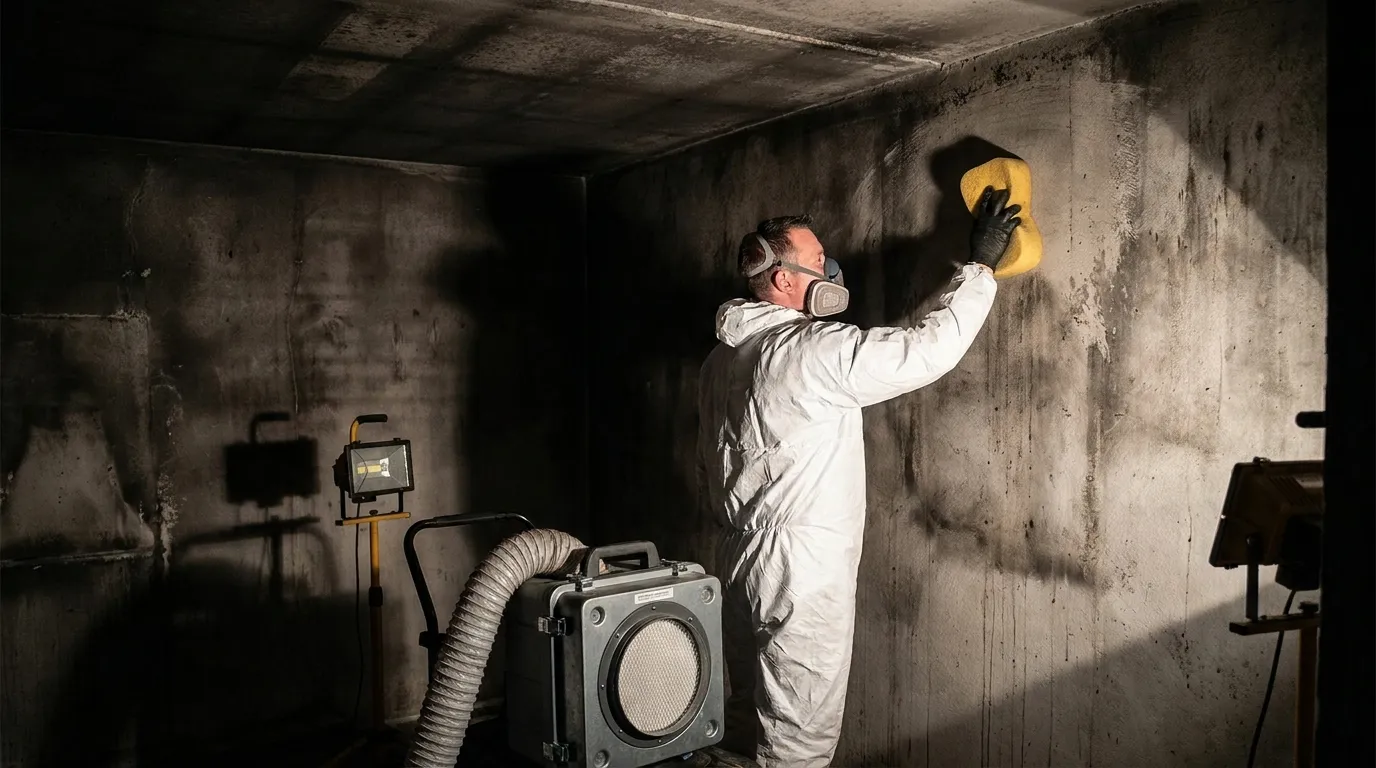 Smoke damaged wall and ceiling being cleaned by restoration technician