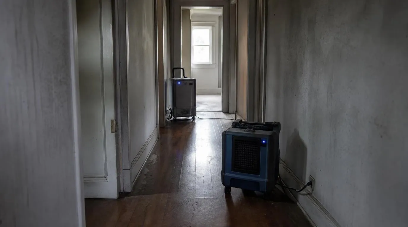 Hydroxyl generator and air scrubber running in a smoke-stained hallway