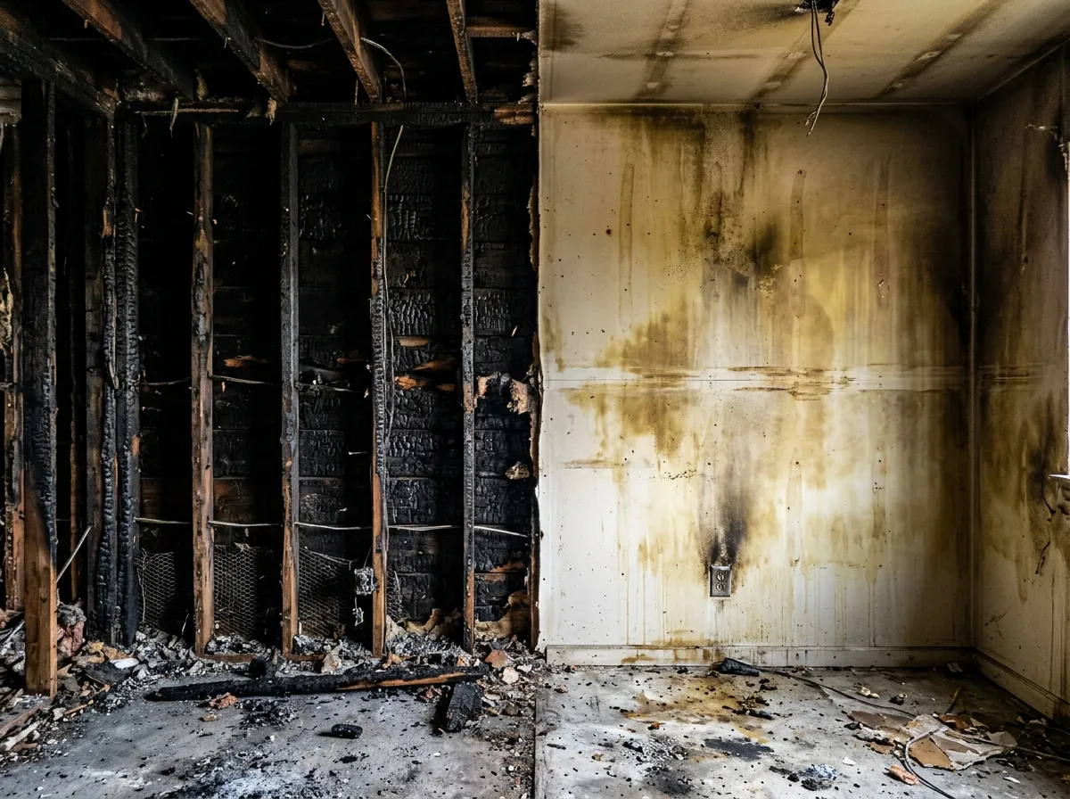 Interior of a home showing smoke damage on walls and ceiling after a small kitchen fire
