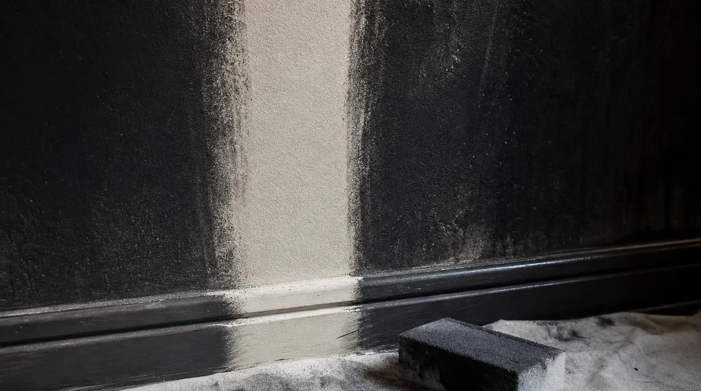 Gloved hand using a dry-cleaning sponge on a soot-blackened wall showing a clean stripe
